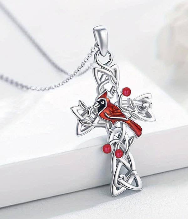 ( Q303 ) CROSS AND BIRD NECKLACE - CARDINAL