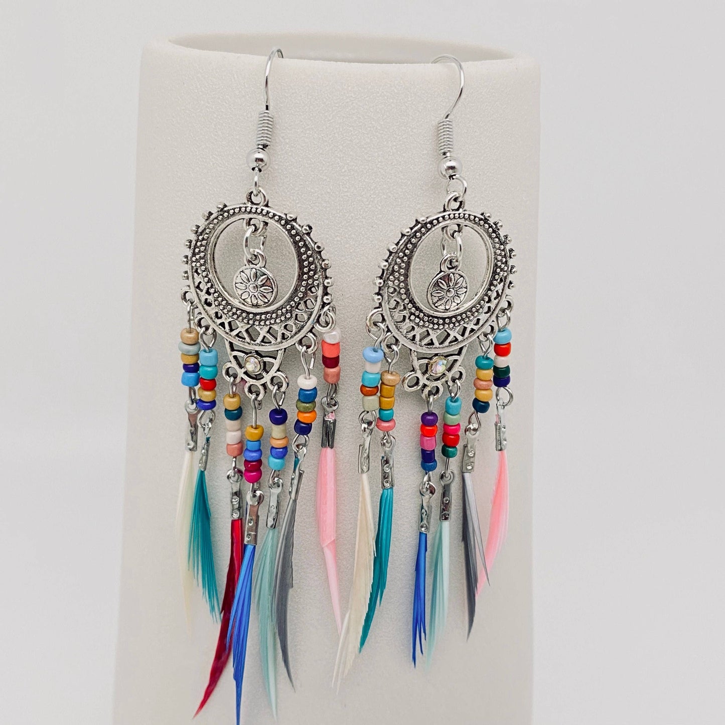 Round Hollow-out Bohemian Colorful Feather Tassels Earrings