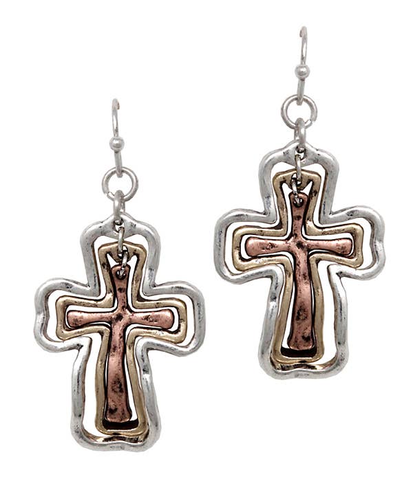 ( A454 ) VINTAGE METAL TRIPLE CROSS EARRING