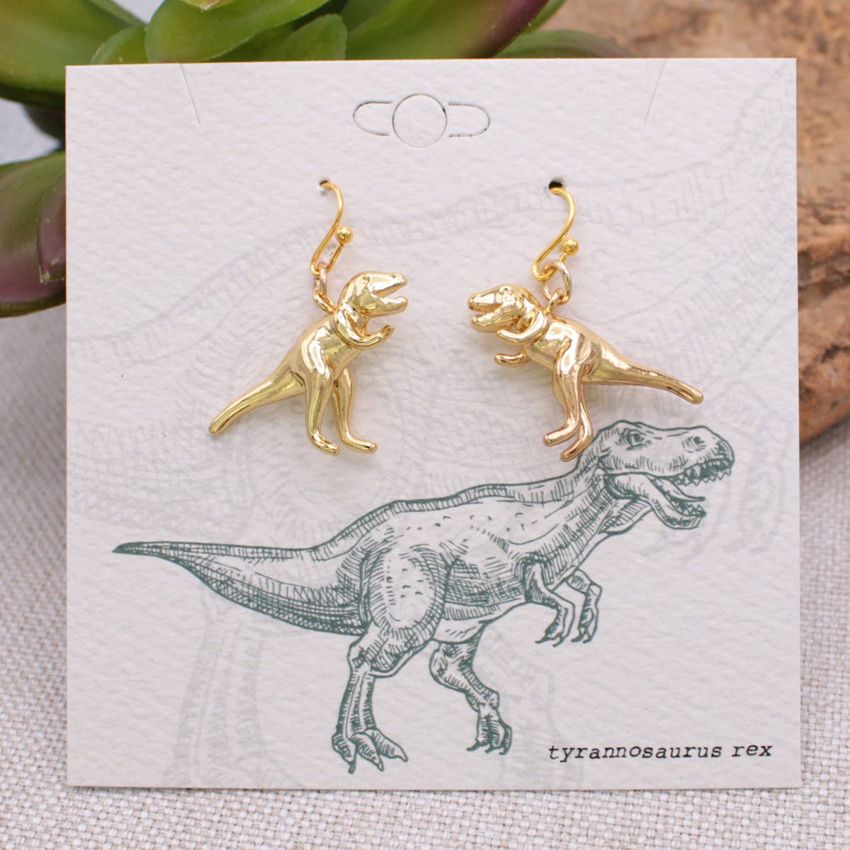 Classic Jurassic Gold Tone Tyrannosaurus Rex Earrings ~ Prehistoric Dinosaur T-Rex