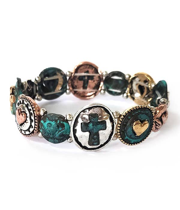 ( K460 ) VINTAGE METAL STRETCH BRACELET - PATINA CROSS
