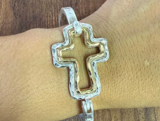 Beautiful Mixed Metal Cross Cuff Bracelet Gold OR Silver