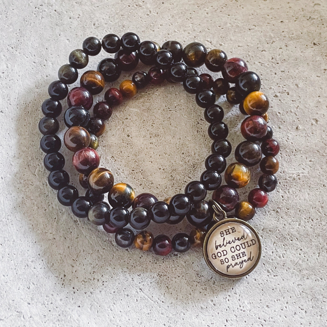 "She believed God could so she prayed" beaded faith bracelet stack Christian jewelry