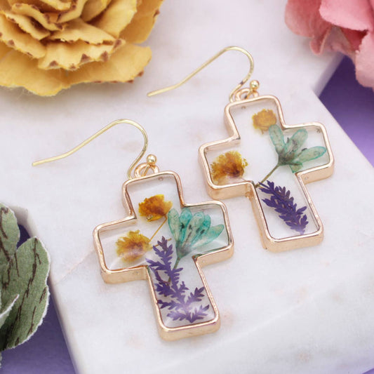 Gold Cross Dried Flower Earrings