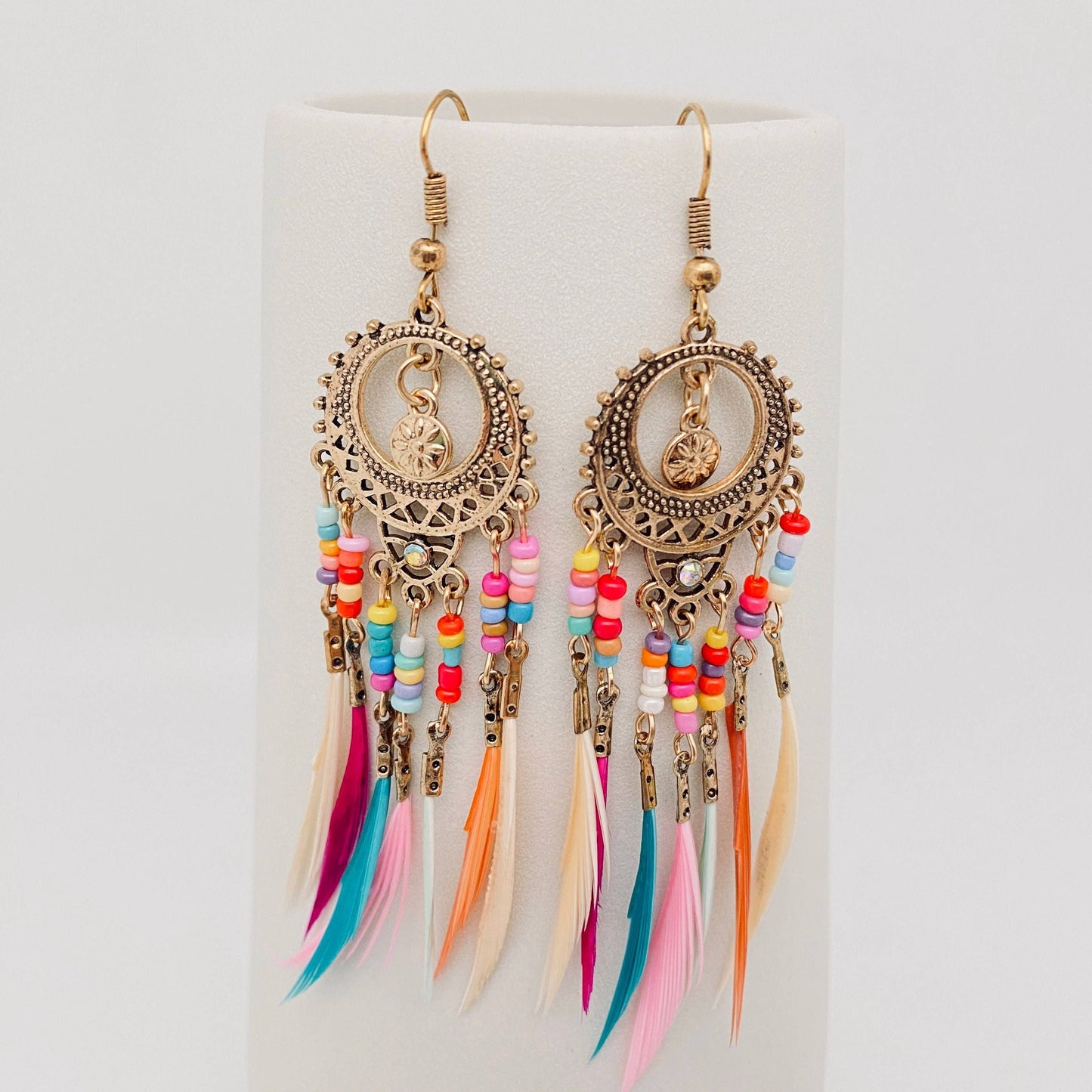 Round Hollow-out Bohemian Colorful Feather Tassels Earrings