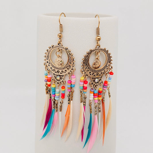Round Hollow-out Bohemian Colorful Feather Tassels Earrings