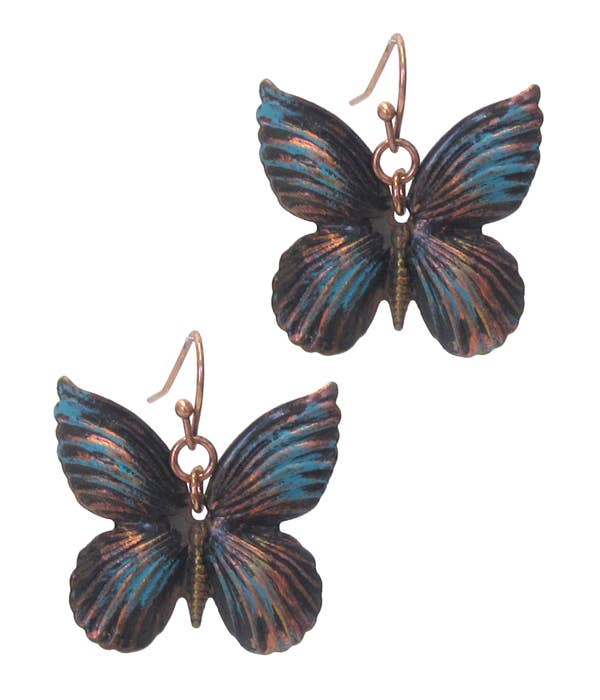 ( E547 )  VINTAGE RUSTIC METAL BUTTERFLY EARRING