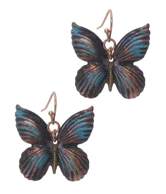 ( E547 )  VINTAGE RUSTIC METAL BUTTERFLY EARRING