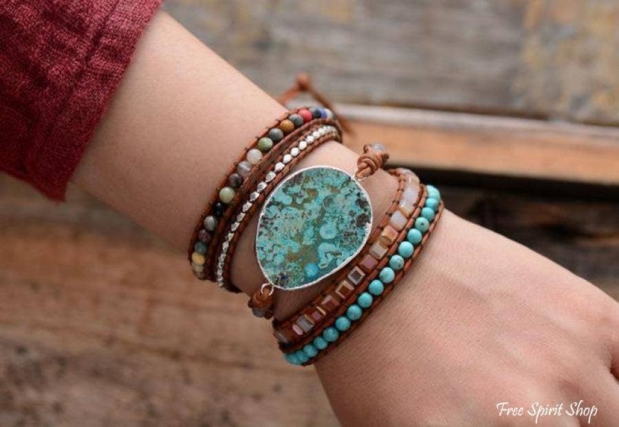 Silver Ocean Jasper Leather Wrap Bracelet