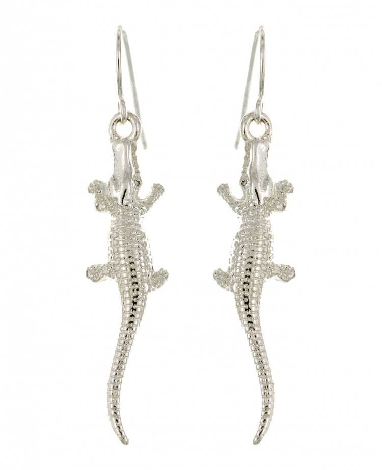 Silver Tone Sleek Crocodile Alligator Metal Earrings
