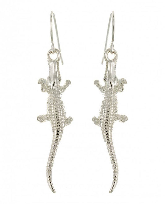 Silver Tone Sleek Crocodile Alligator Metal Earrings