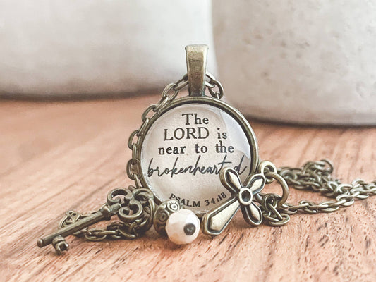 The LORD is near to the brokenhearted - Psalm 34:18 necklace comfort gift grief