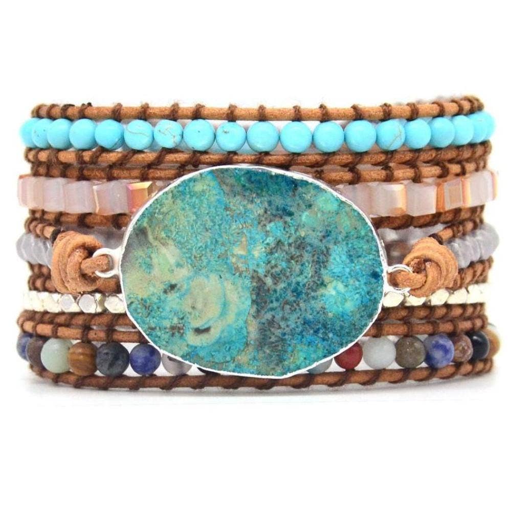Silver Ocean Jasper Leather Wrap Bracelet