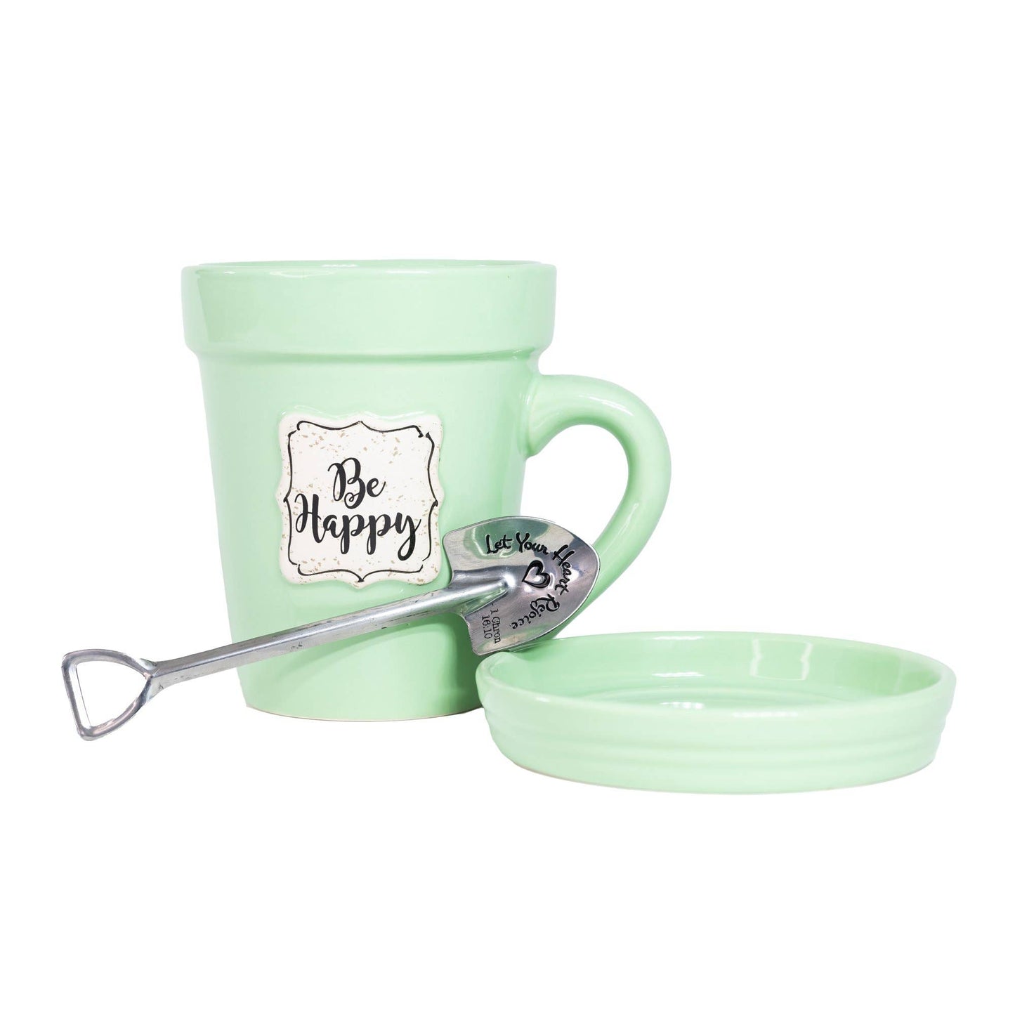 Green Flower Pot Mug w/Scripture - Be Happy