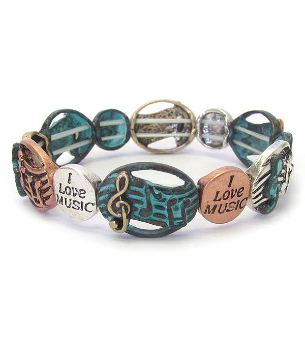 ( B374 )  MUSIC THEME STRETCH BRACELET - I LOVE MUSIC