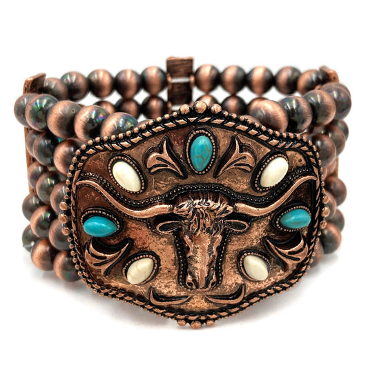 Metal Longhorn Western Trophy Buckle Chunky Beaded Bracelet