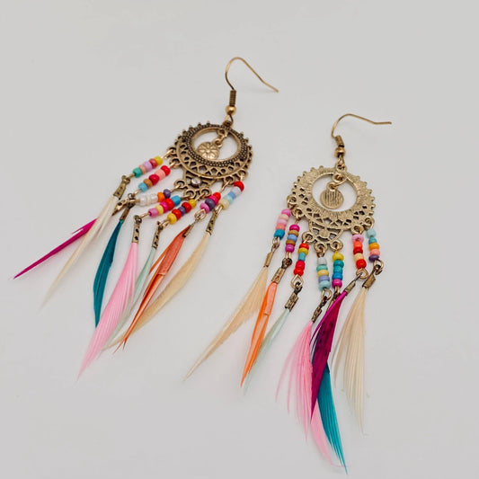 Round Hollow-out Bohemian Colorful Feather Tassels Earrings