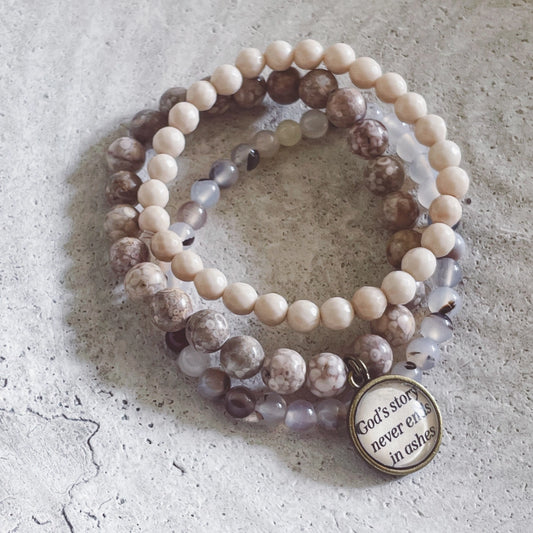 "God's story never ends in ashes" beaded stack faith bracelet set Christian jewelry