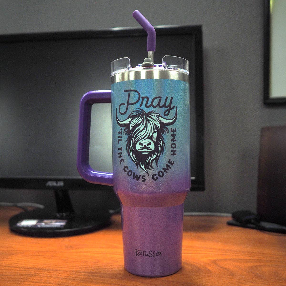 Kerusso 40 oz Stainless Steel Mug With Straw Highland Cow