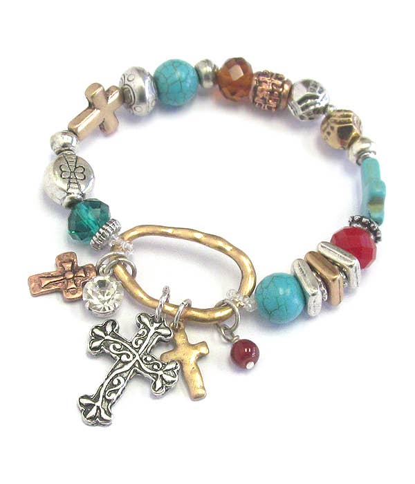 ( B265 )  MULTI CROSS CHARM AND BEAD STRETCH BRACELET