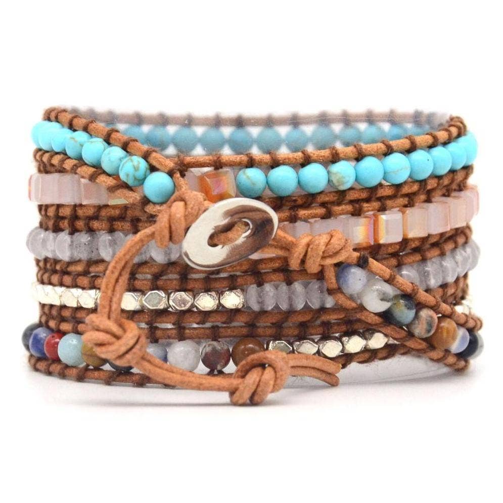 Silver Ocean Jasper Leather Wrap Bracelet