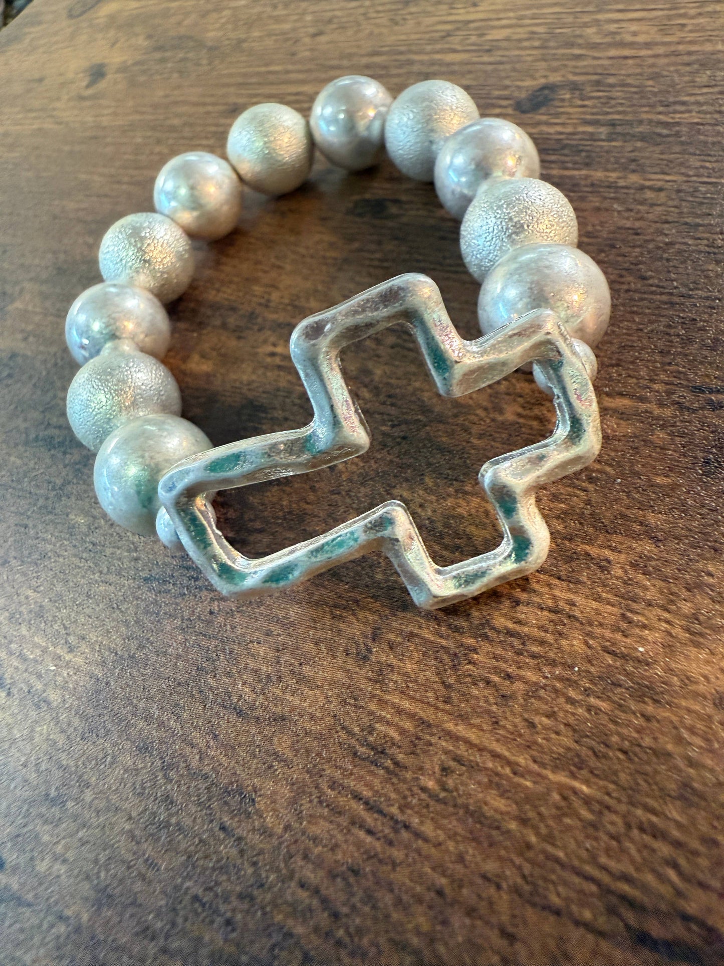 Chunky Cross Beaded Bracelet-  Silver
