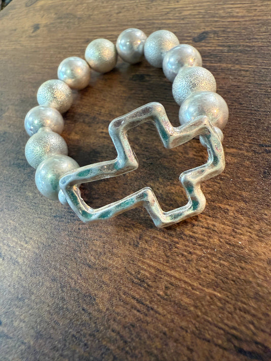 Chunky Cross Beaded Bracelet-  Silver