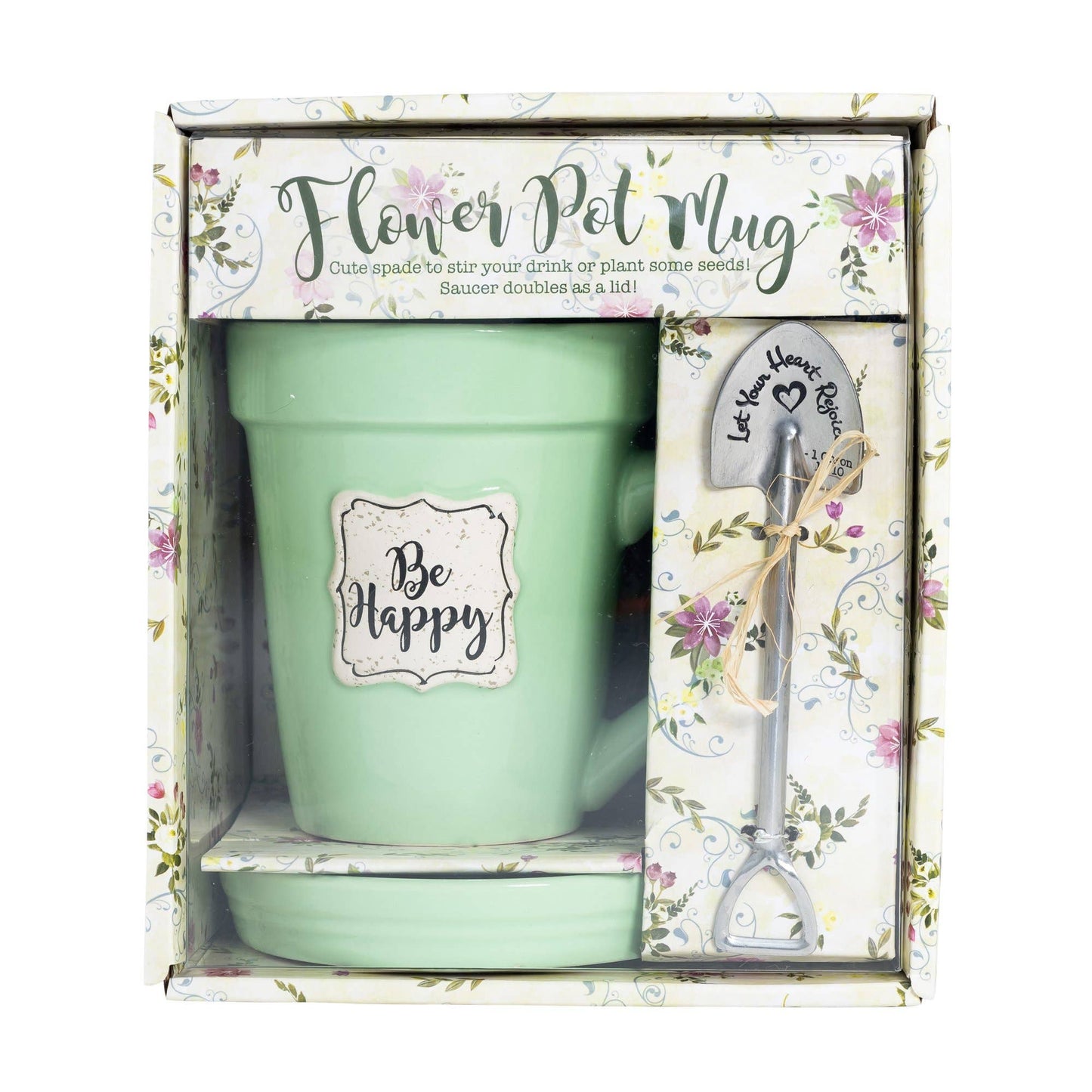 Green Flower Pot Mug w/Scripture - Be Happy