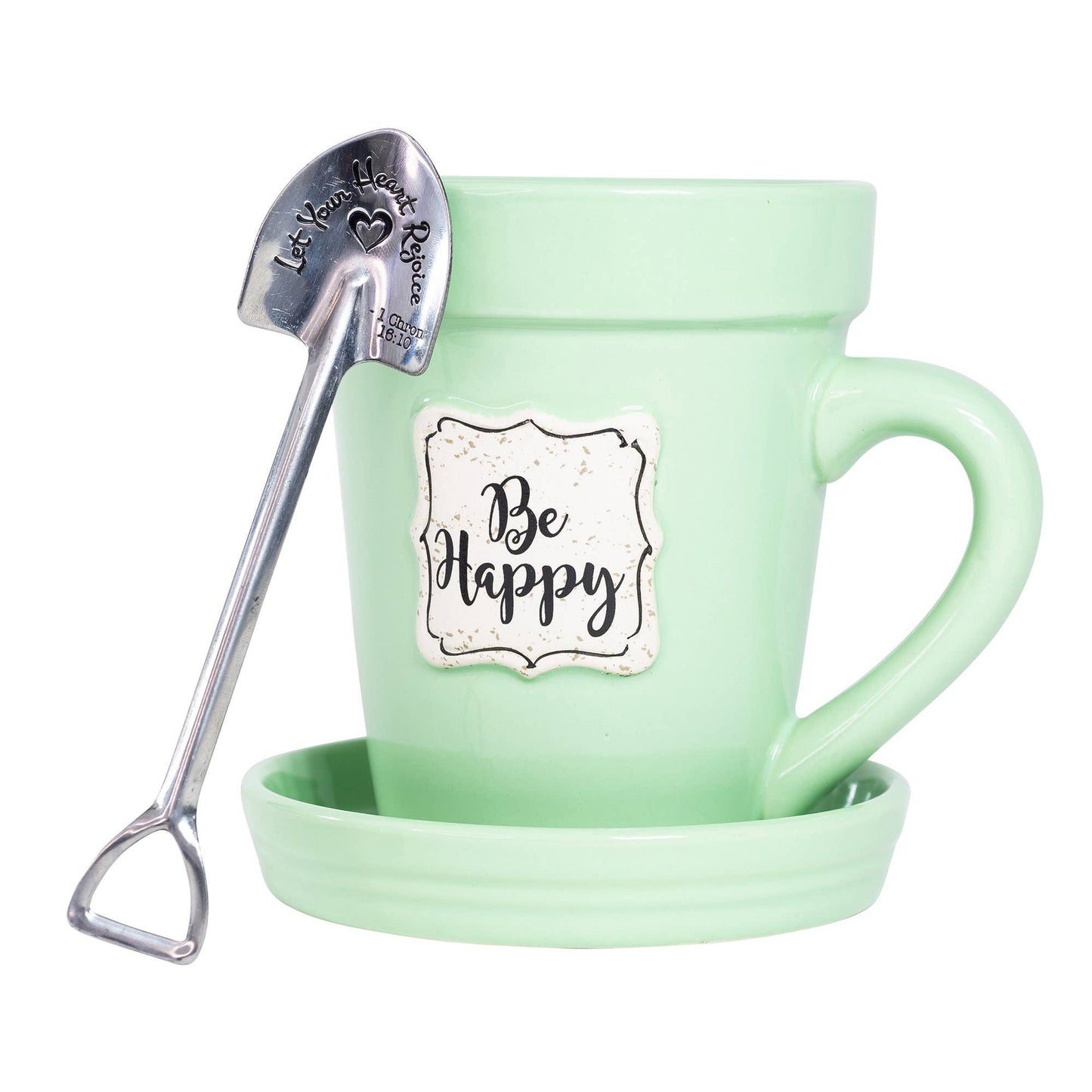 Green Flower Pot Mug w/Scripture - Be Happy