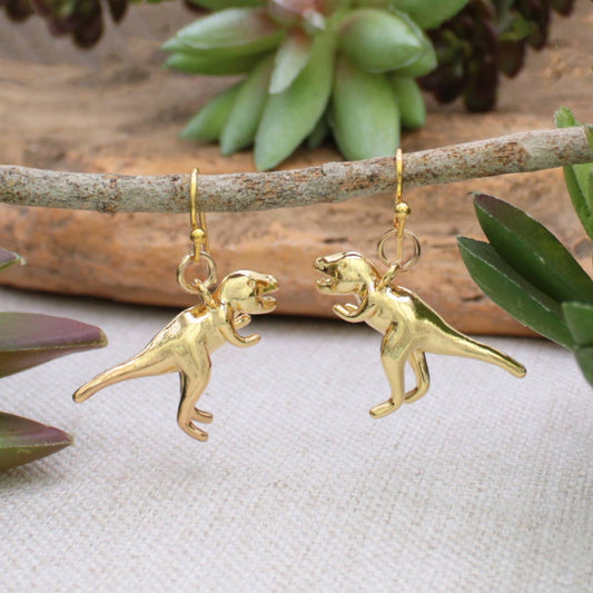 Classic Jurassic Gold Tone Tyrannosaurus Rex Earrings ~ Prehistoric Dinosaur T-Rex