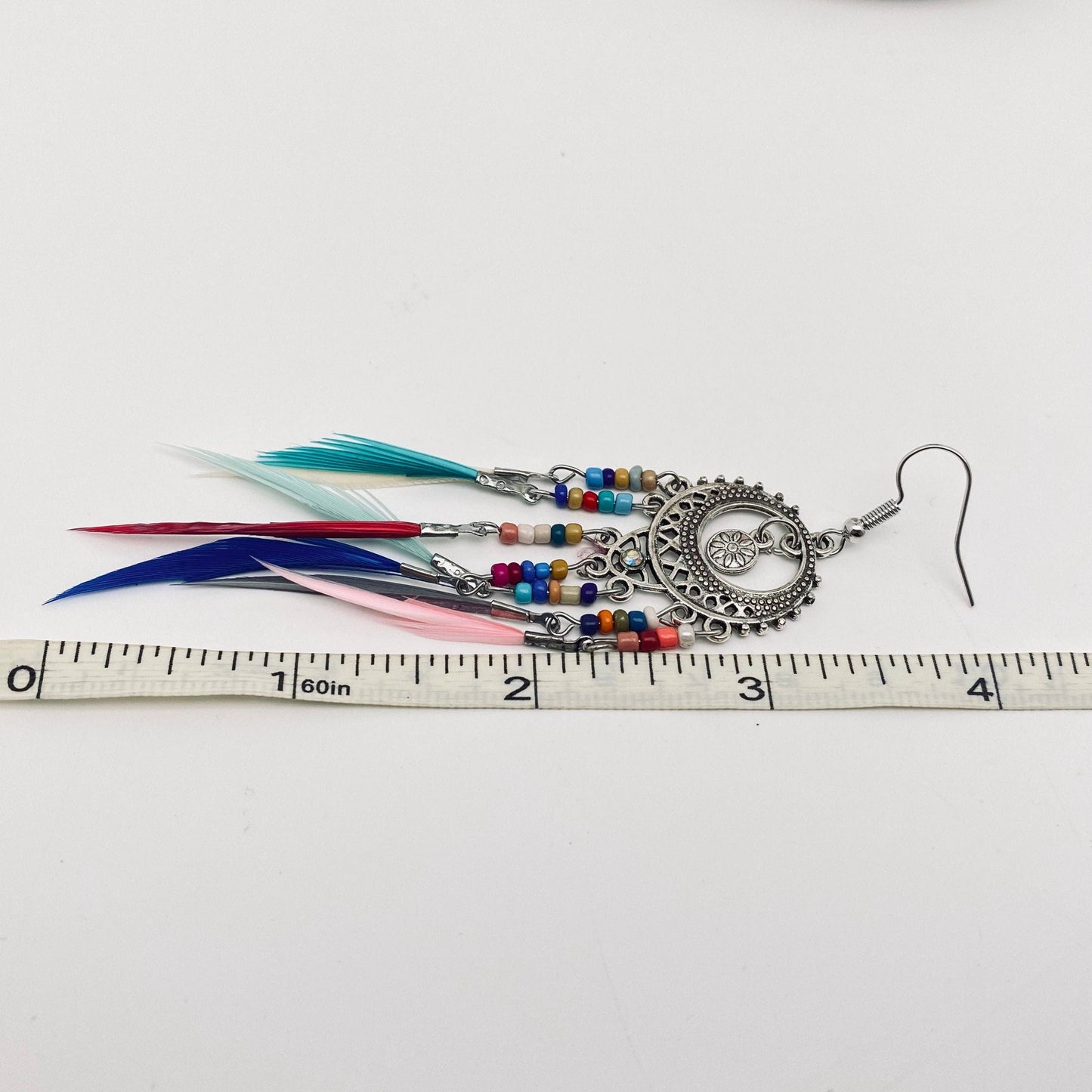 Round Hollow-out Bohemian Colorful Feather Tassels Earrings