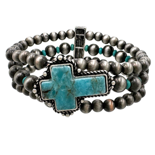 Turquoise Cross Southwestern Layered Bead Stretch Bracelet