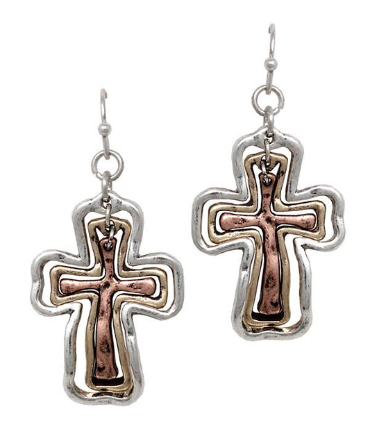 ( A454 )  VINTAGE METAL TRIPLE CROSS EARRING