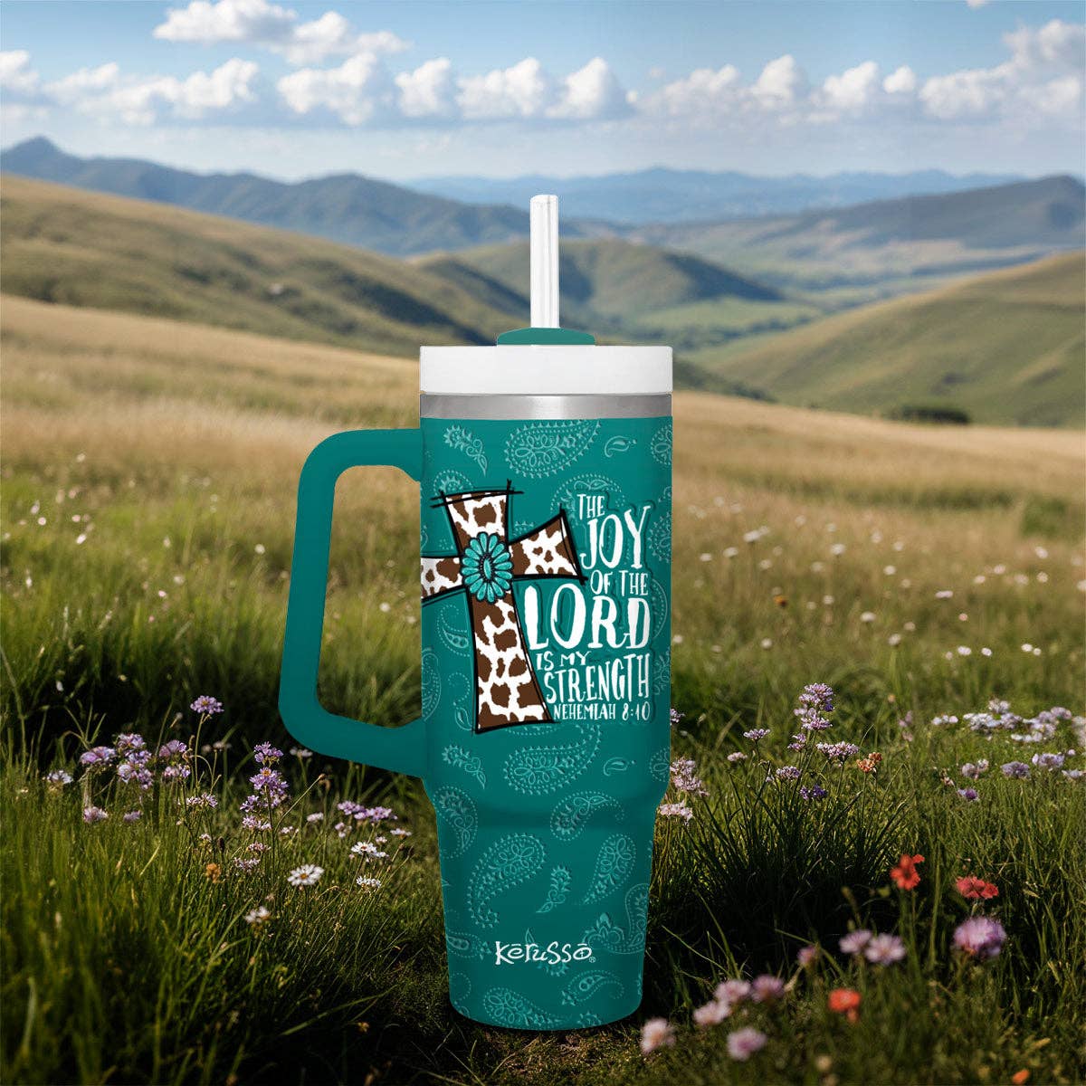 Kerusso 30 oz Stainless Steel Mug With Straw Cowhide Cross