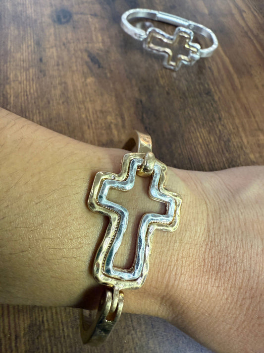 Beautiful Mixed Metal Cross Cuff Bracelet Gold OR Silver