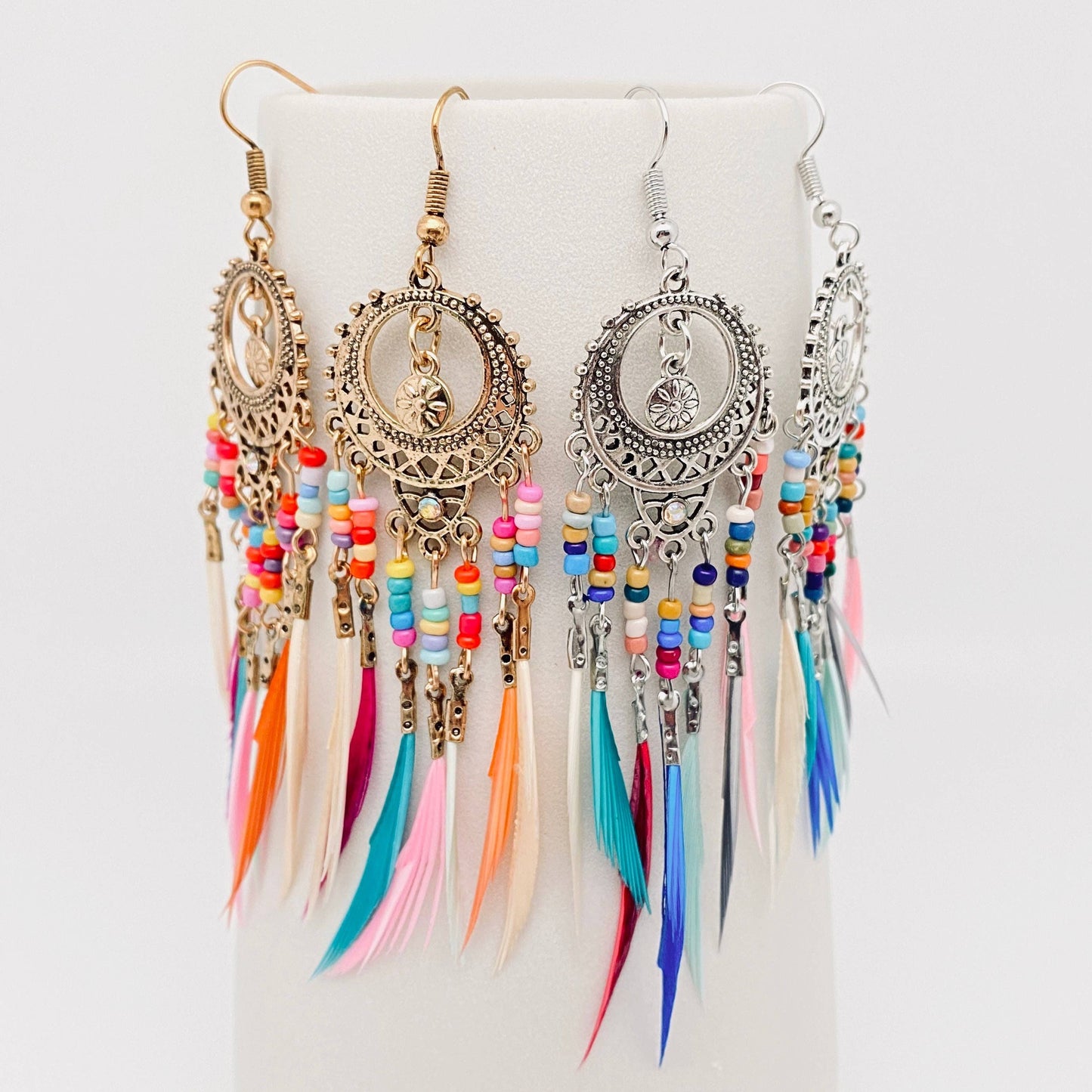 Round Hollow-out Bohemian Colorful Feather Tassels Earrings