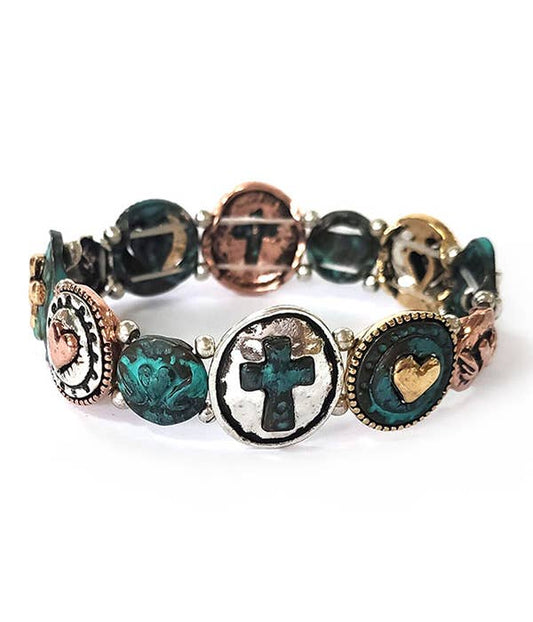 ( K460 )  VINTAGE METAL STRETCH BRACELET - PATINA CROSS